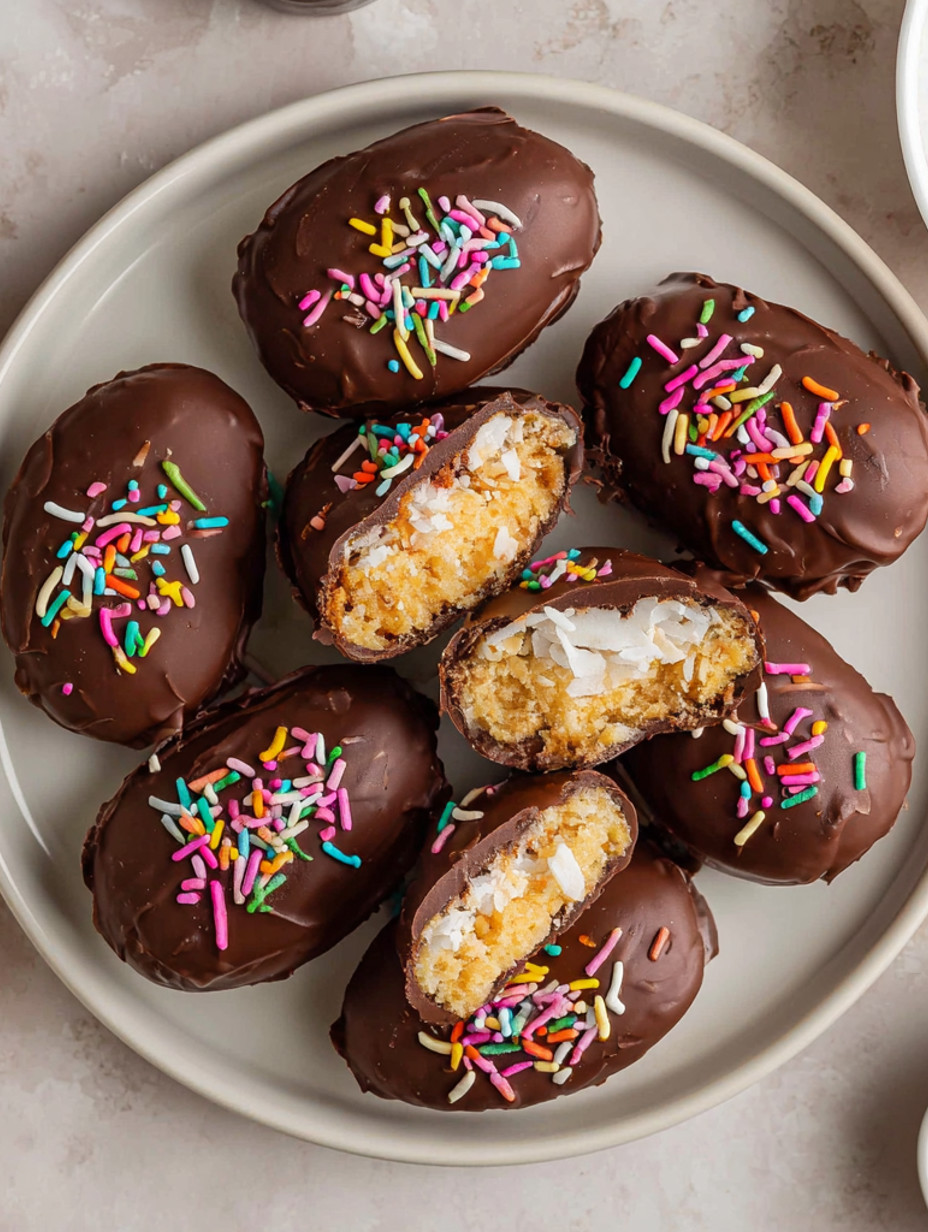 A plate of chocolate covered dairy free easter eggs.