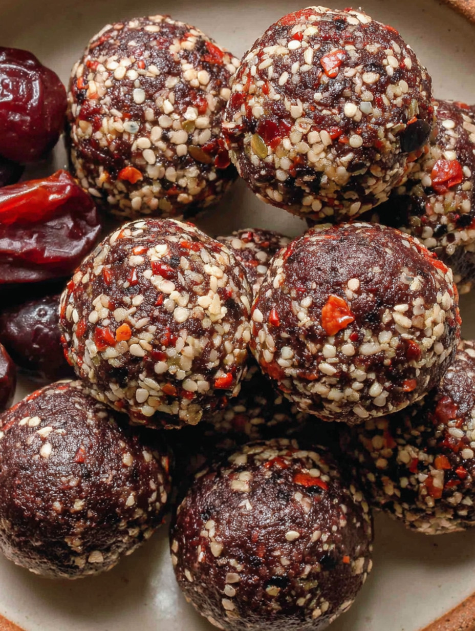 A plate of dark chocolate cherry energy bites.