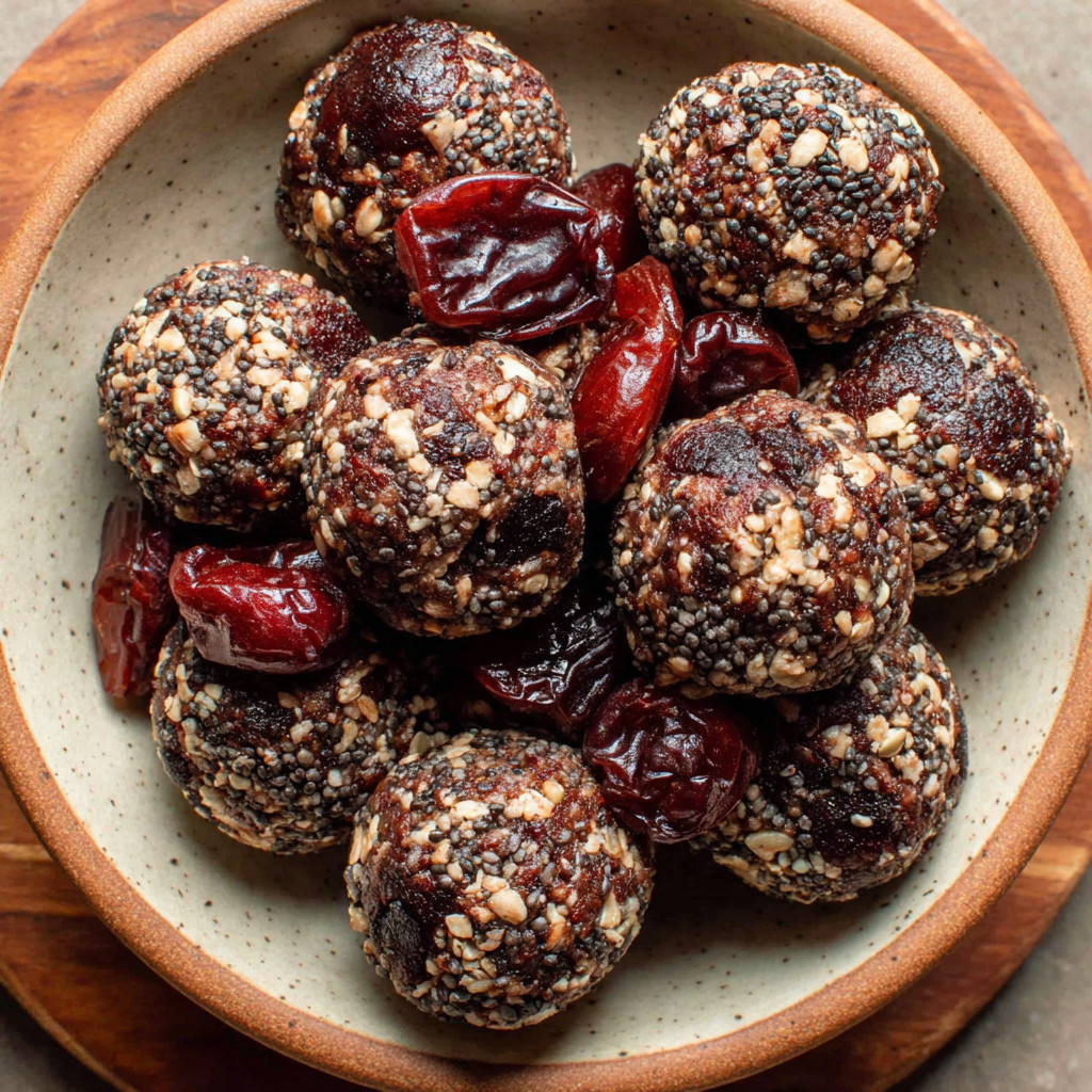 A bowl of dark chocolate cherry energy bites.