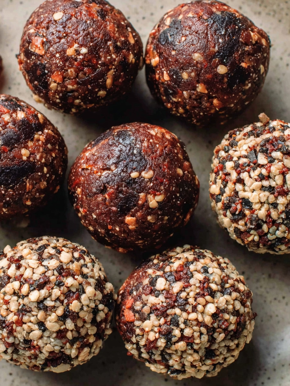 A plate of dark chocolate cherry energy bites.