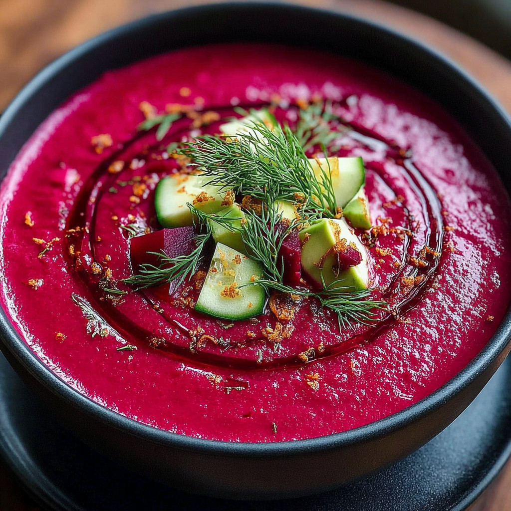 A bowl of beet gazpacho with cucumber and herbs.