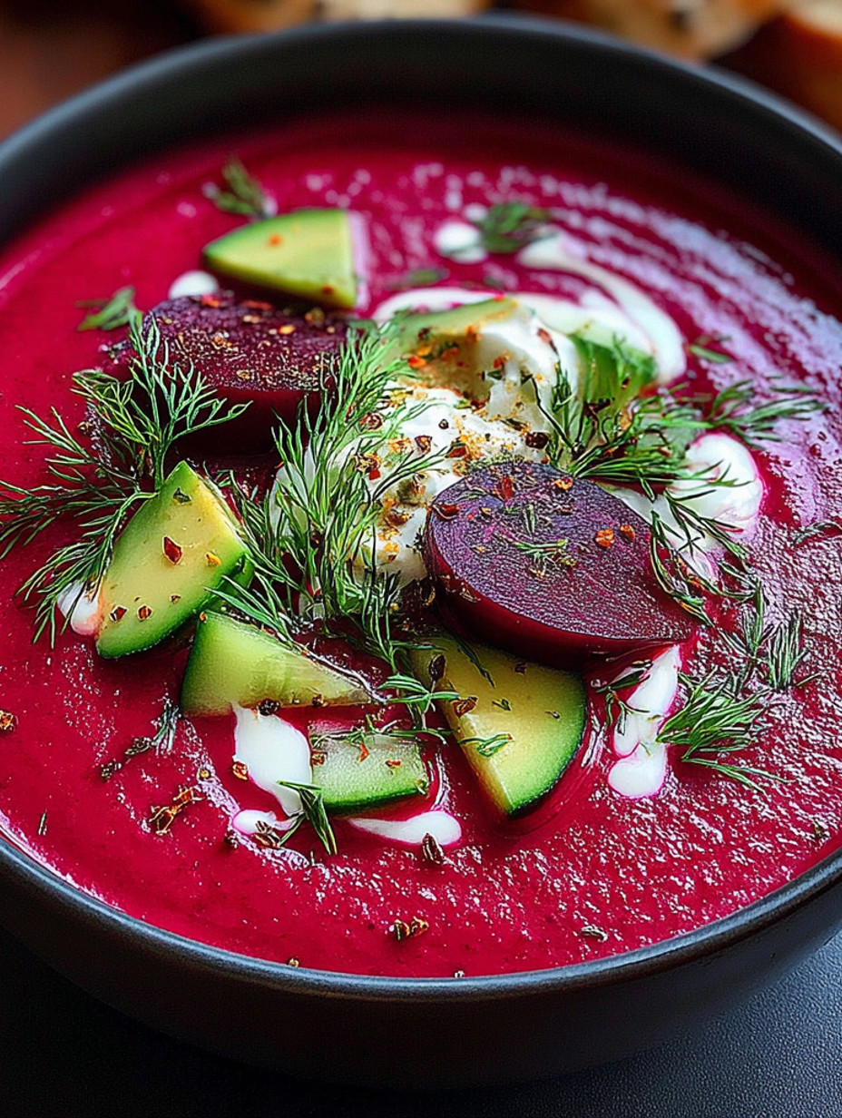 A bowl of beet gazpacho with a slice of avocado on top.