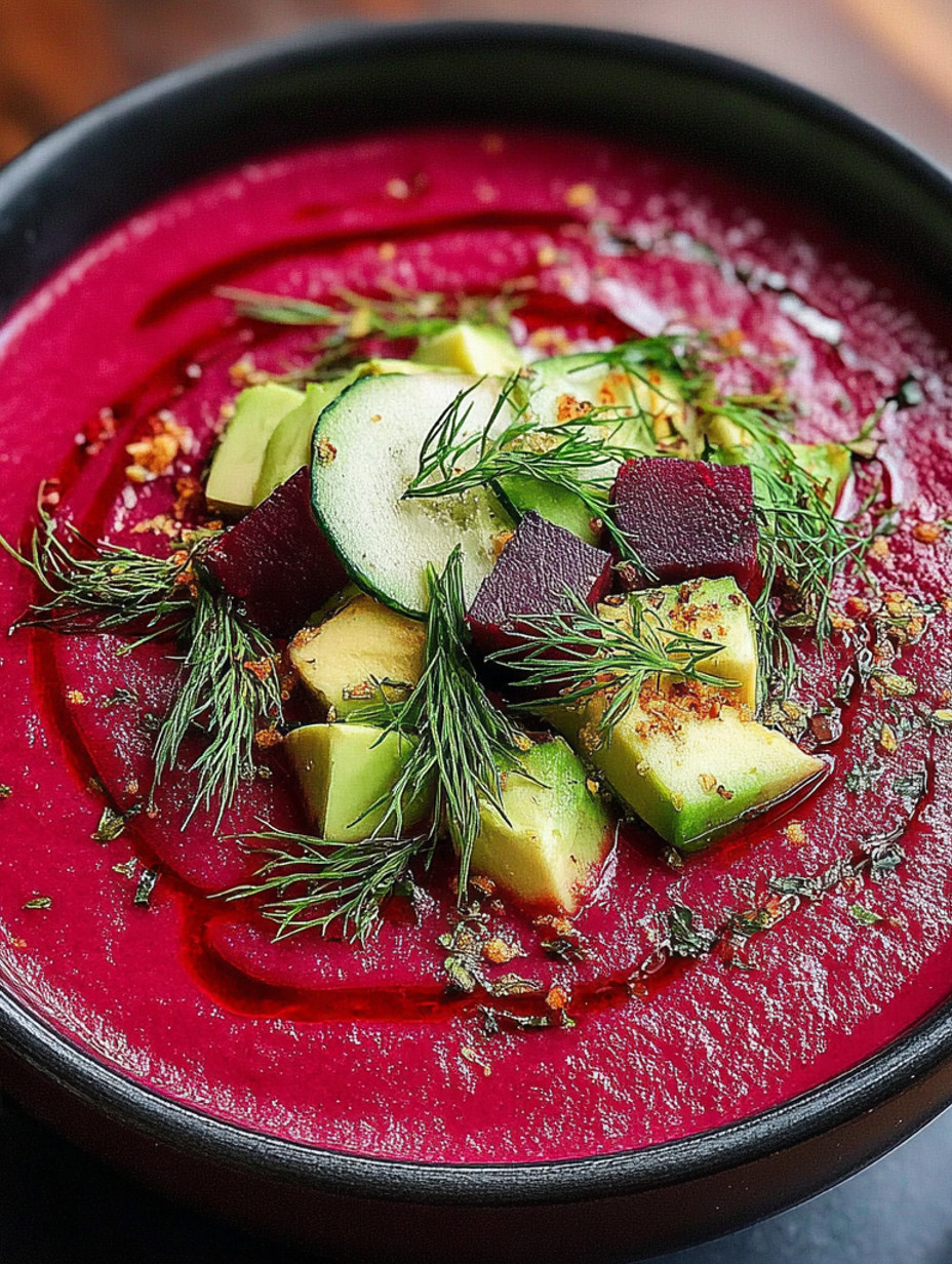 A bowl of beet gazpacho with a slice of cucumber on top.