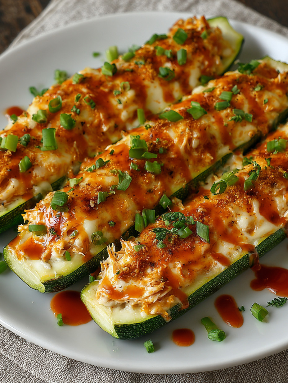Buffalo chicken zucchini boats on a plate.
