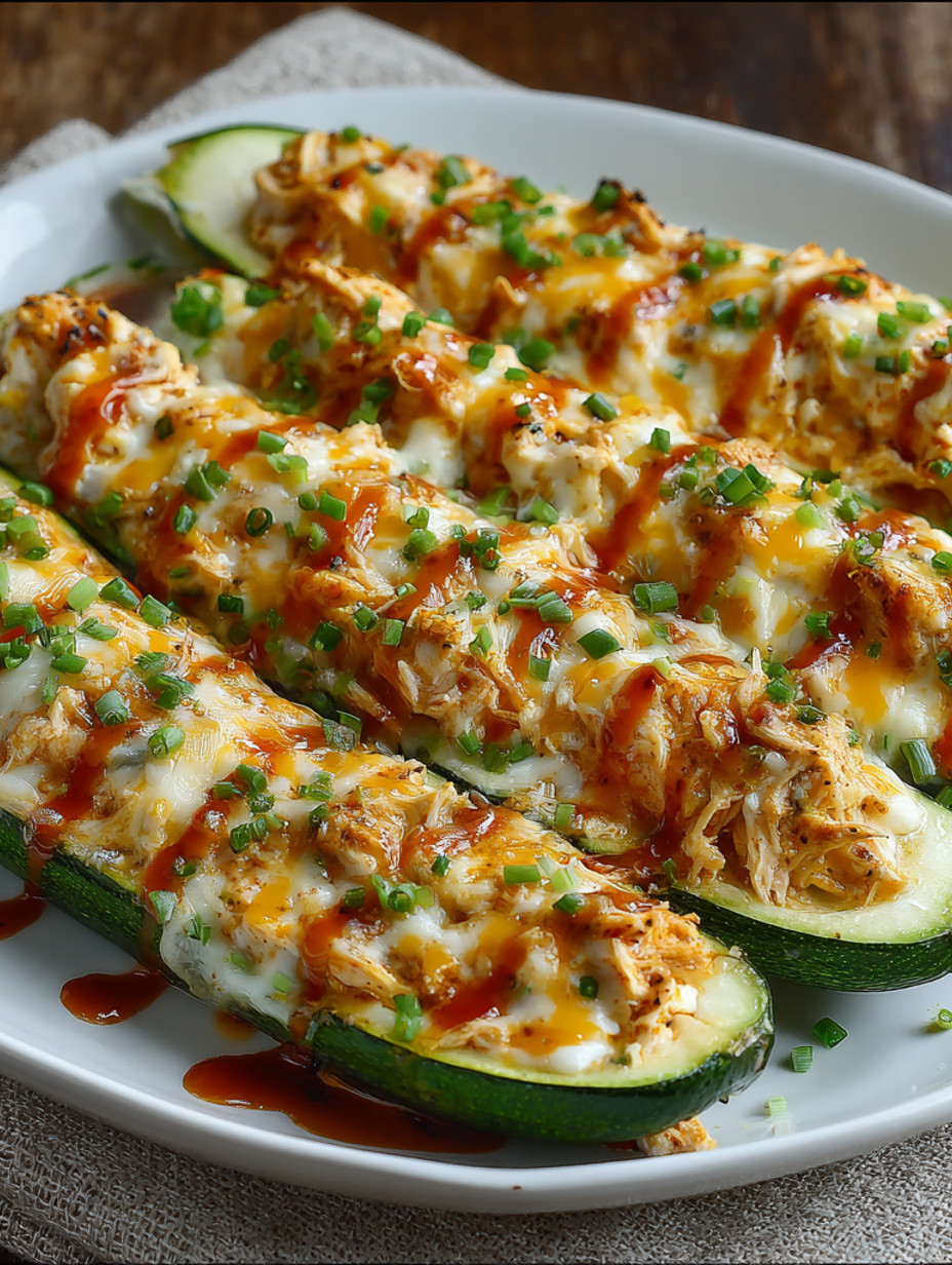 Buffalo chicken zucchini boats on a plate.