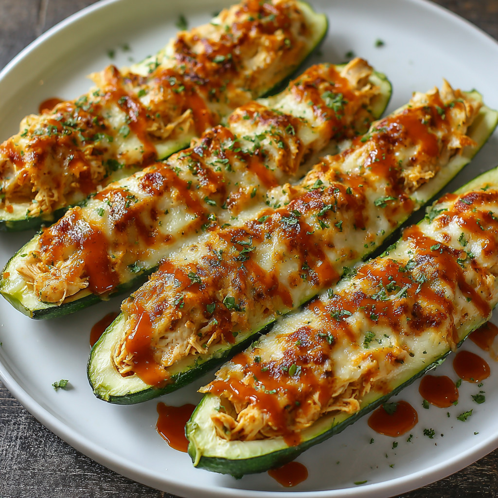 Buffalo chicken zucchini boats on a white plate.