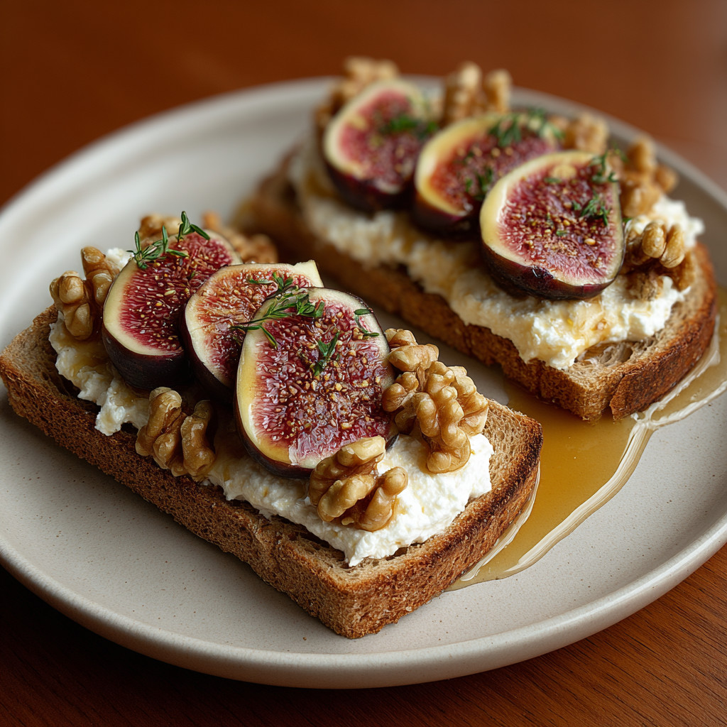 A slice of toast with figs and cottage cheese.