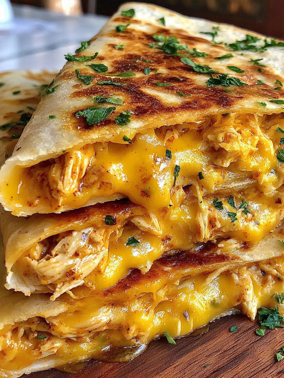 Baked chicken quesadillas with cheese and herbs.