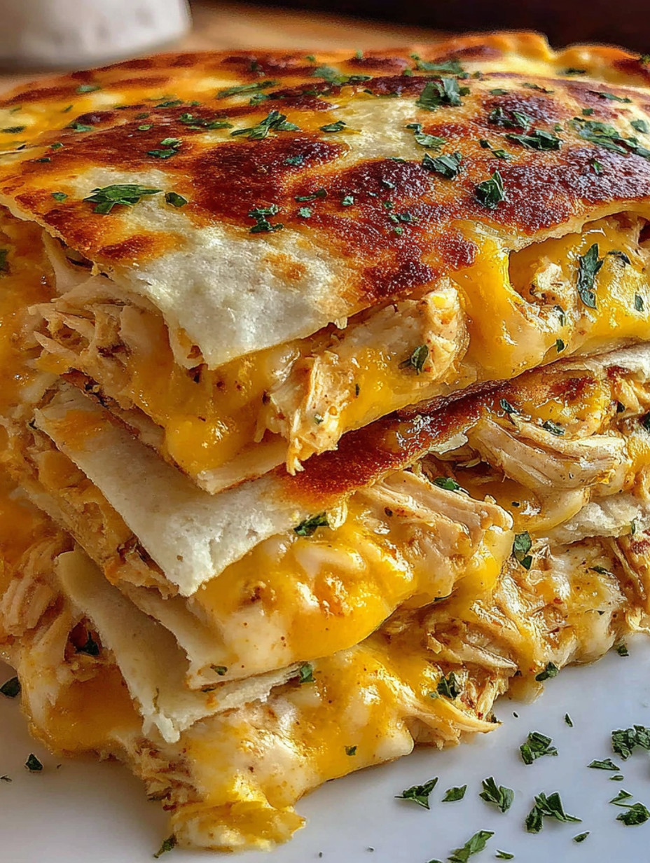 Baked chicken quesadillas stacked on a plate.