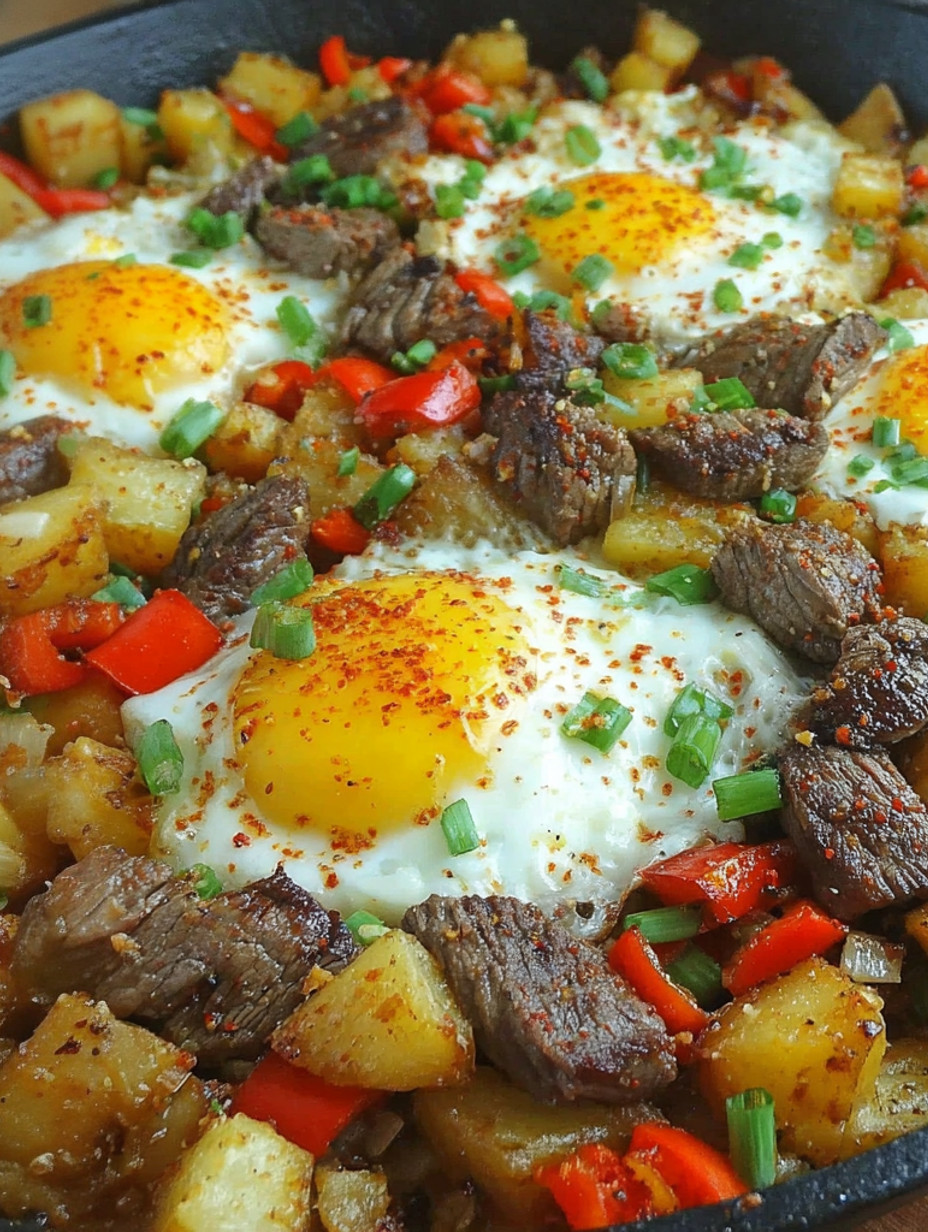 A delicious steak and potato breakfast hash.