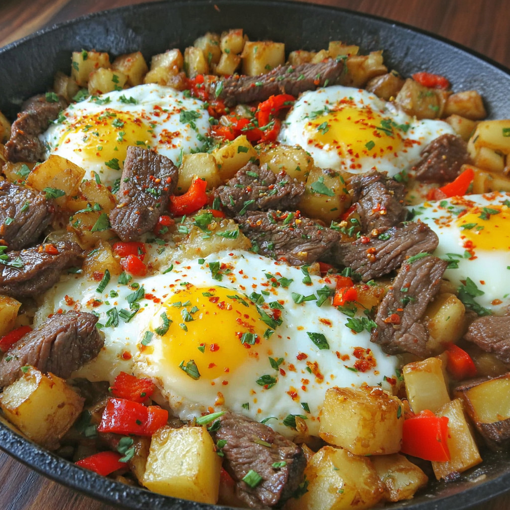A delicious steak and potato breakfast hash.