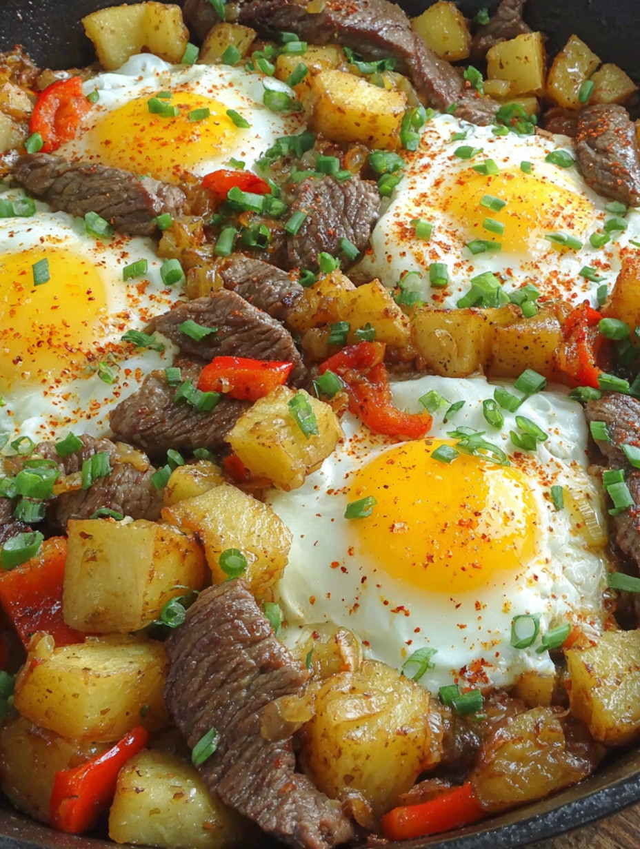 A delicious steak and potato breakfast hash.