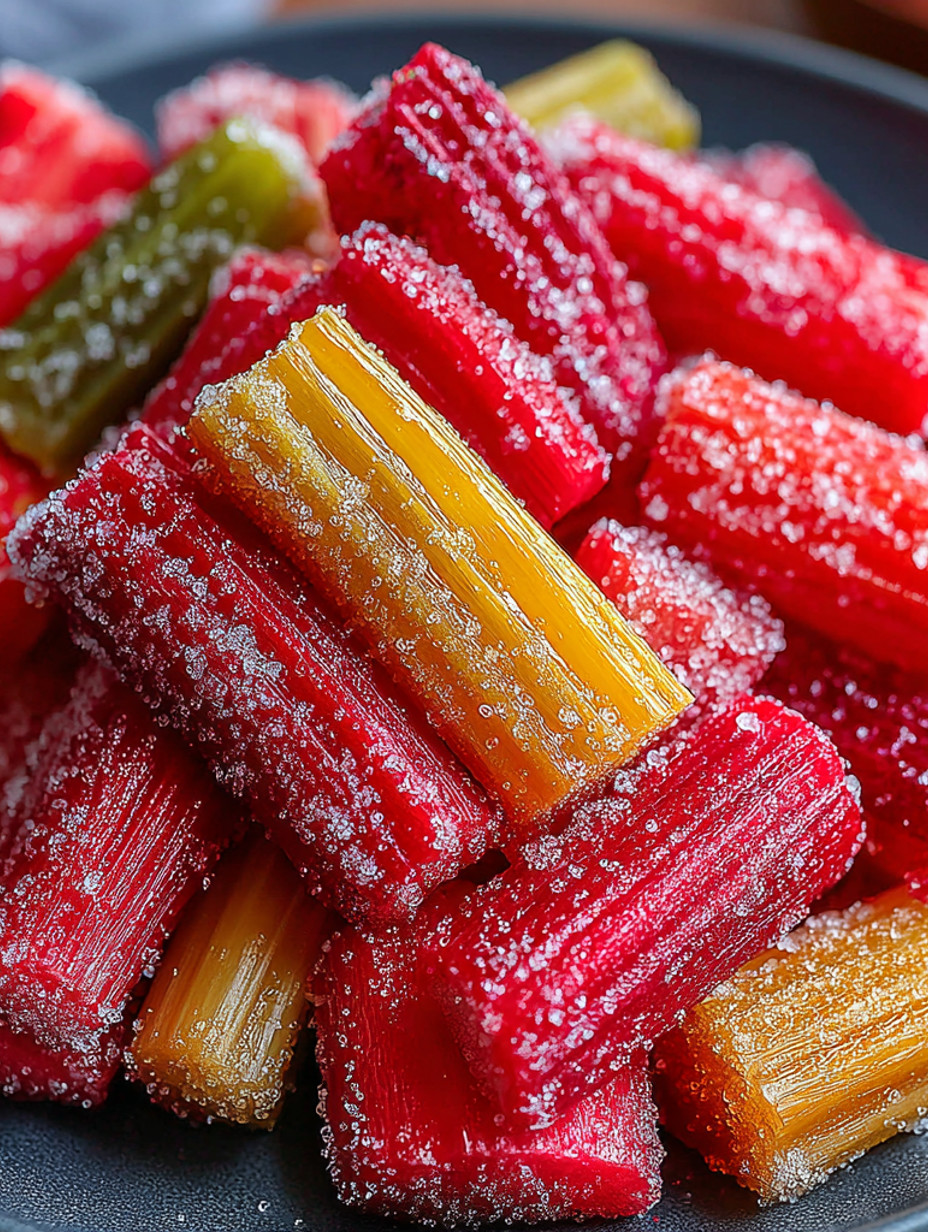 A close up of a pile of sweet roasted rhubarb vanilla.