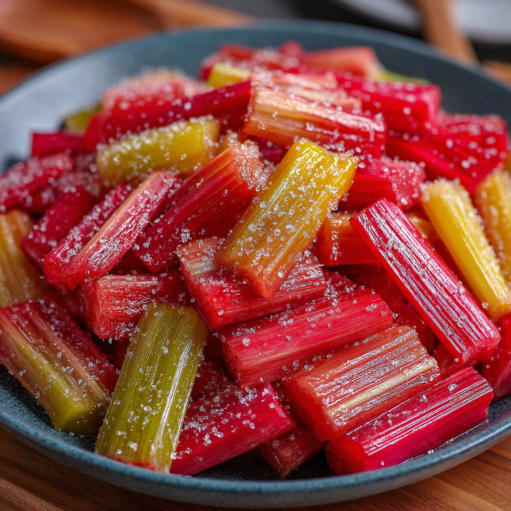 A bowl of roasted rhubarb with vanilla.