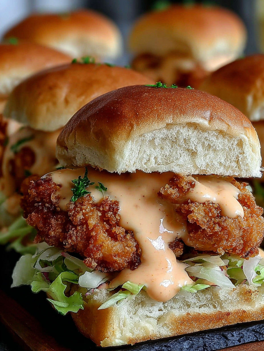 A close up of a bang bang chicken slider.