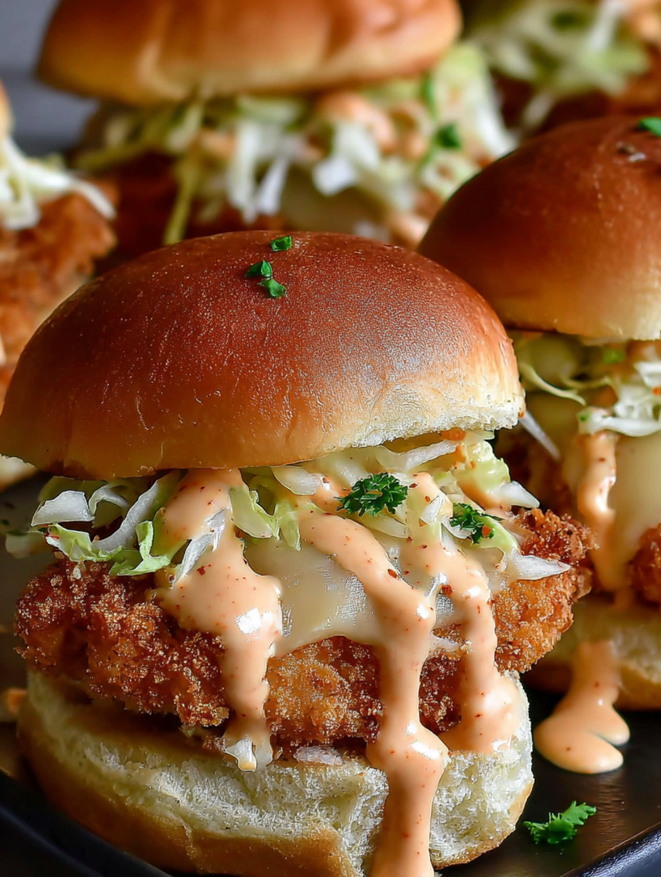 A close up of a bang bang chicken slider.