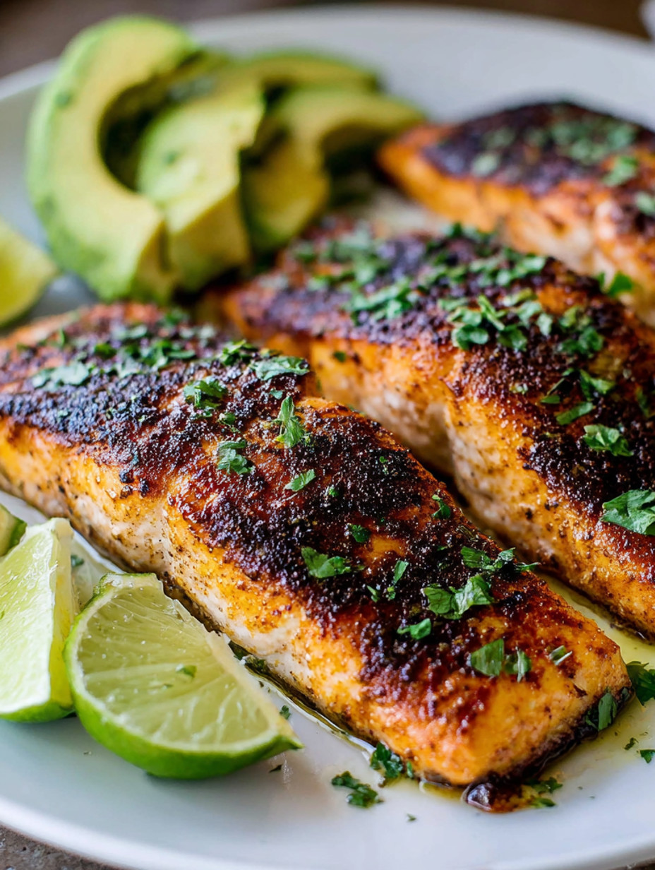 Blackened salmon with avocado oil.
