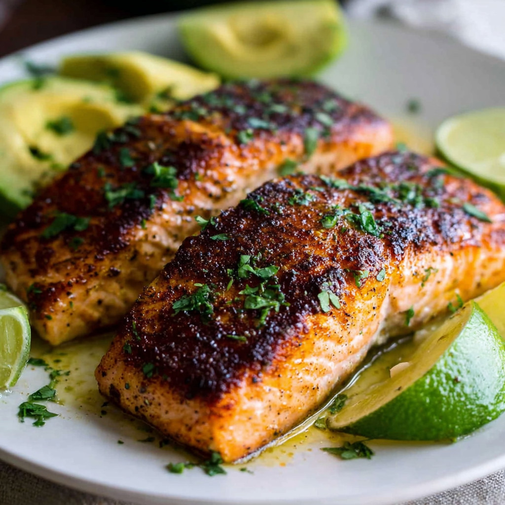 Blackened salmon with avocado oil and lime.