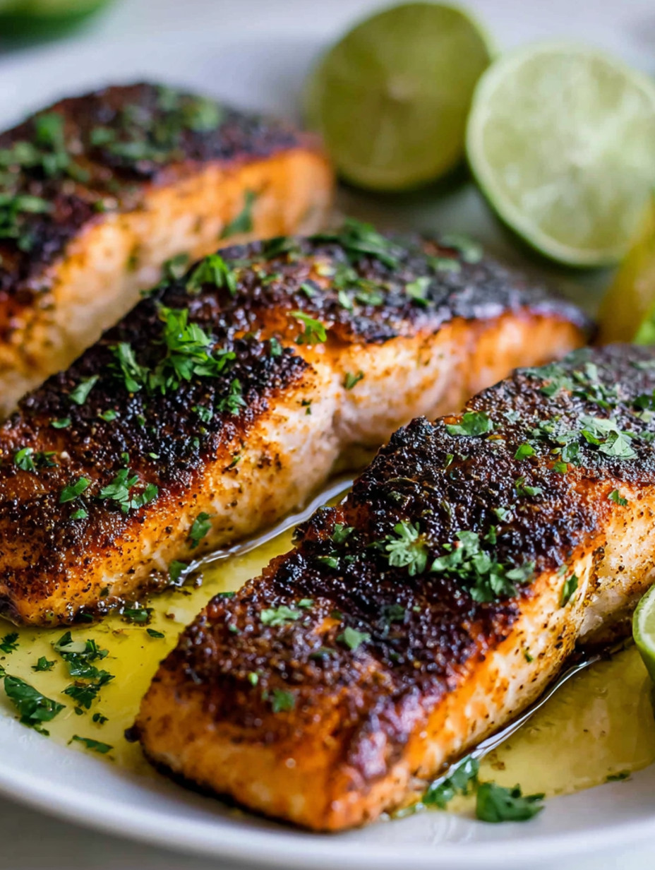 Blackened salmon with avocado oil.