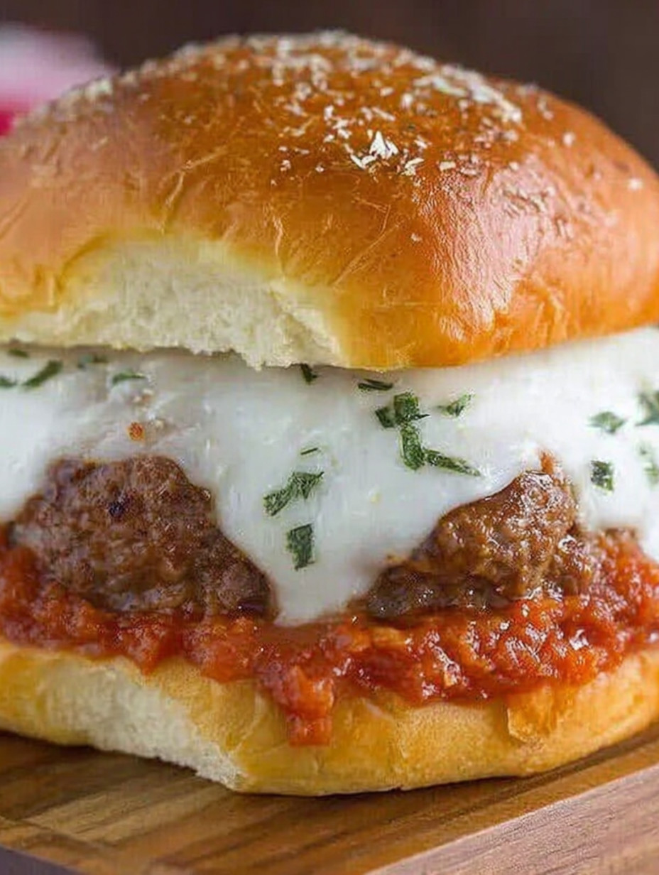 A burger with melted cheese and tomato sauce.