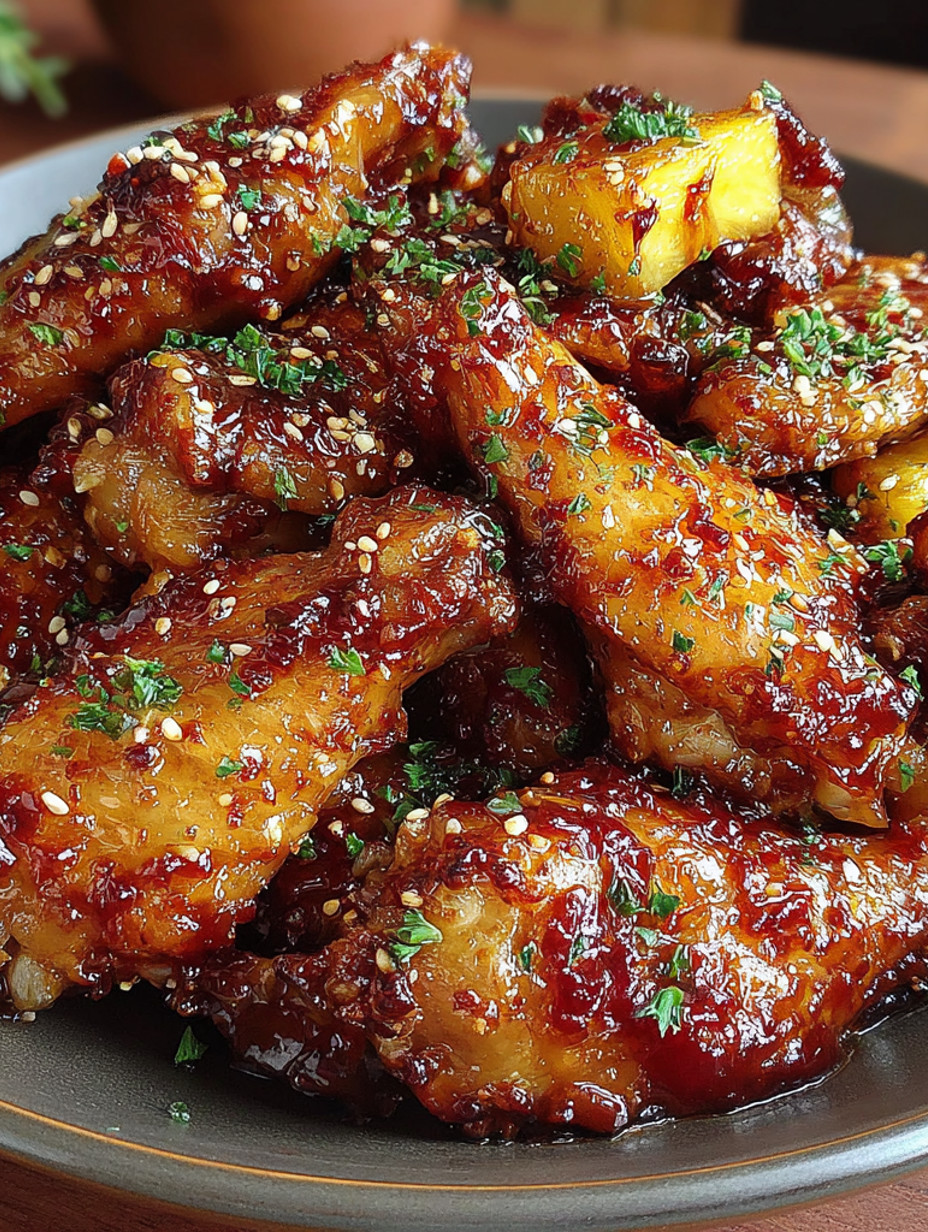 Brown sugar pineapple wings on a plate.