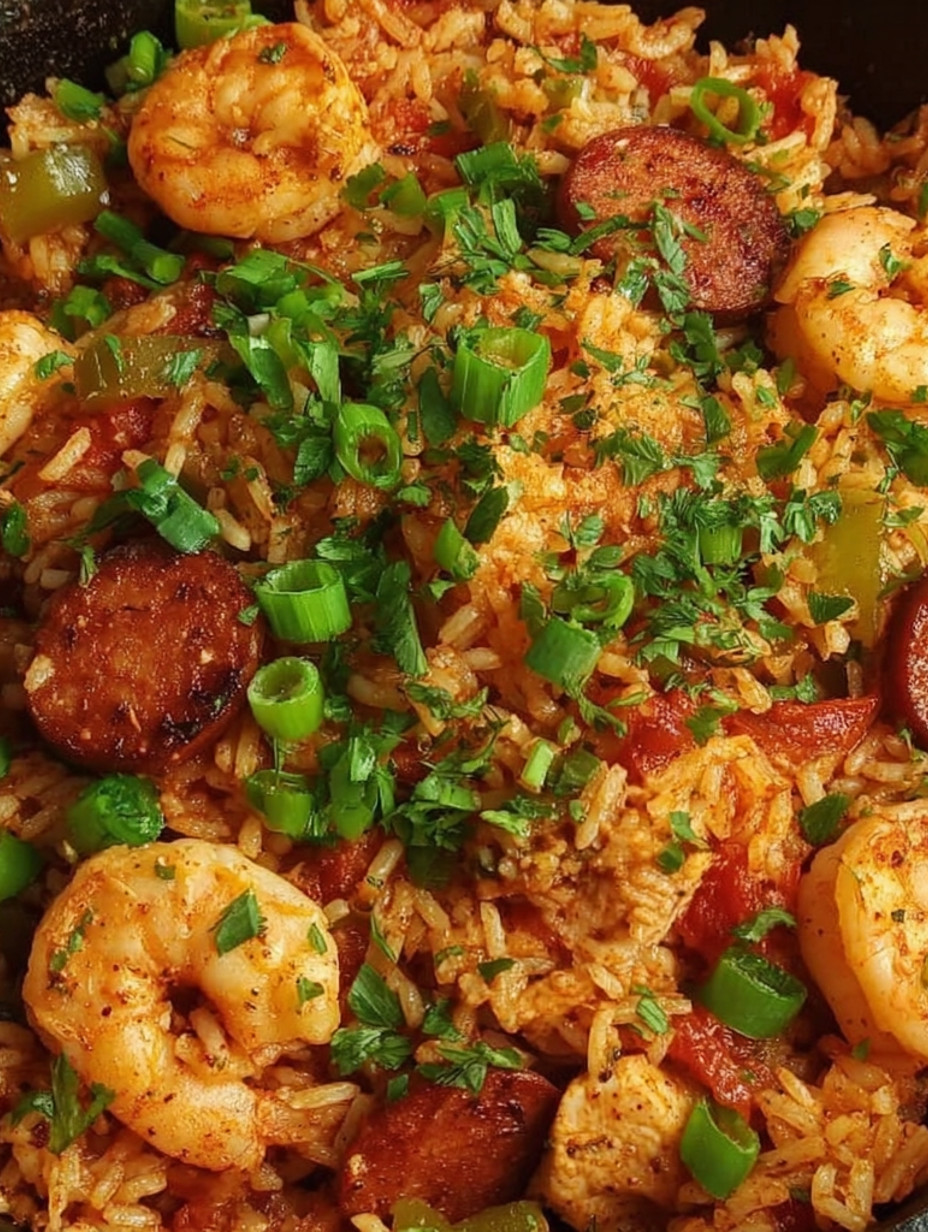 A dish of jambalaya with rice and shrimp.