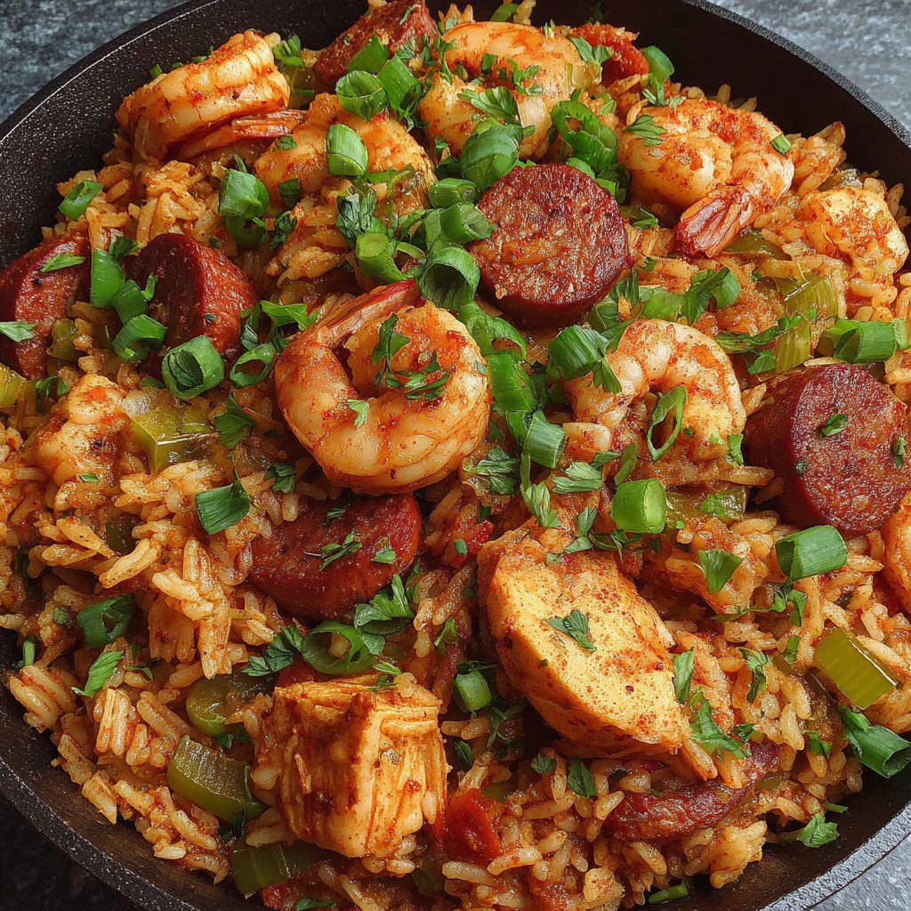 A bowl of jambalaya with rice and shrimp.