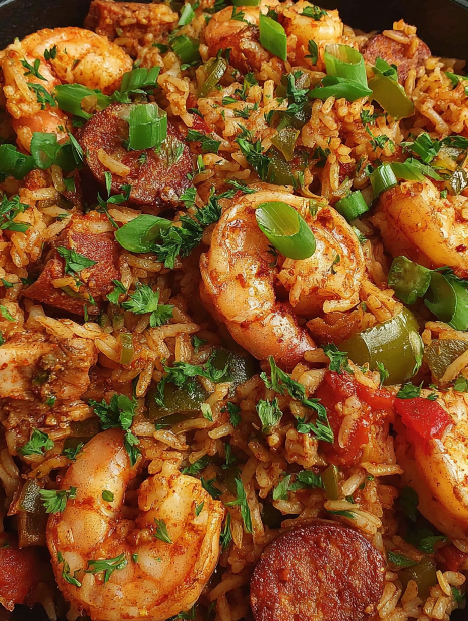A close up of a plate of jambalaya with shrimp, rice, and vegetables.