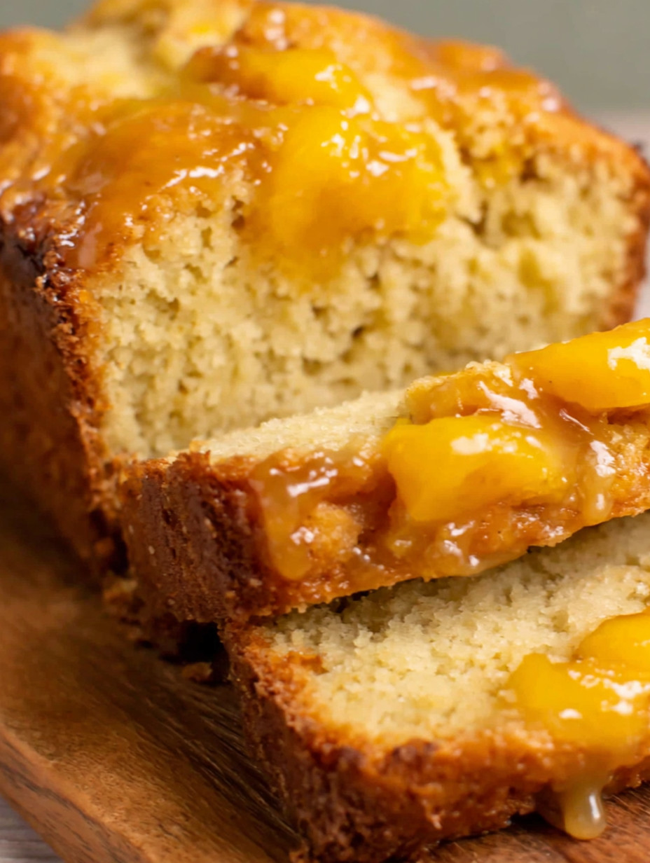 A slice of Southern Peach Bread Loaf.