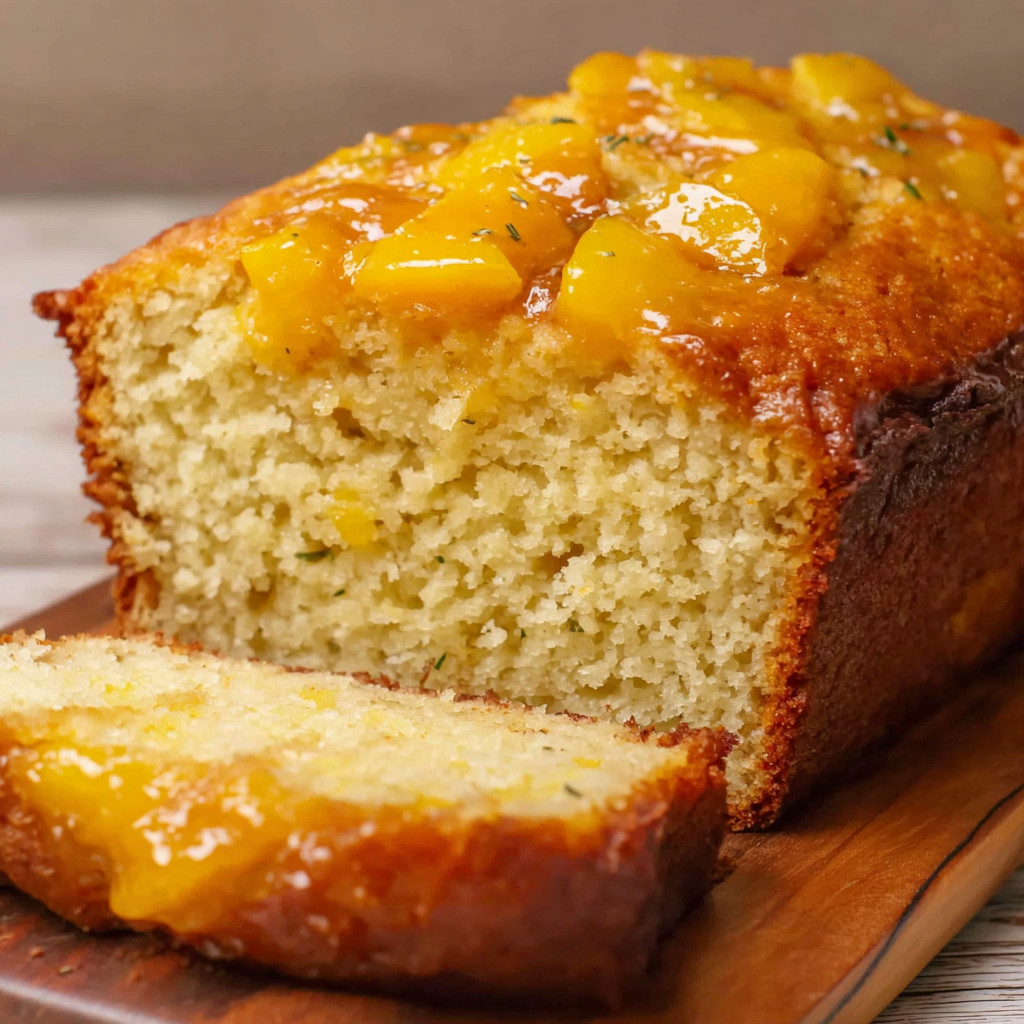 A slice of Southern Peach Bread Loaf.