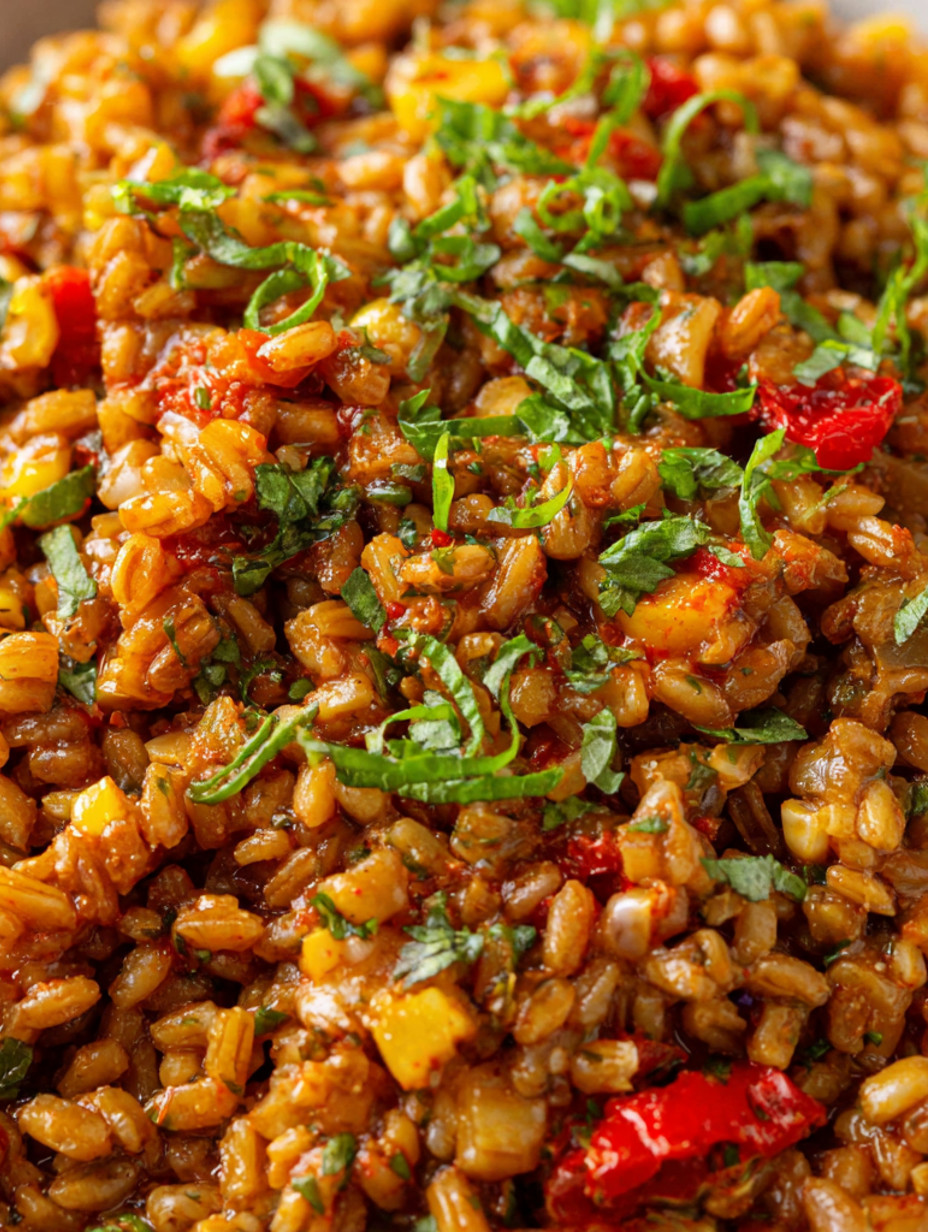 A close up of a spicy farro risotto.