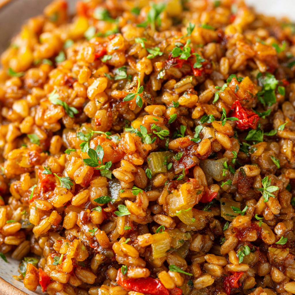 A bowl of spicy farro risotto.