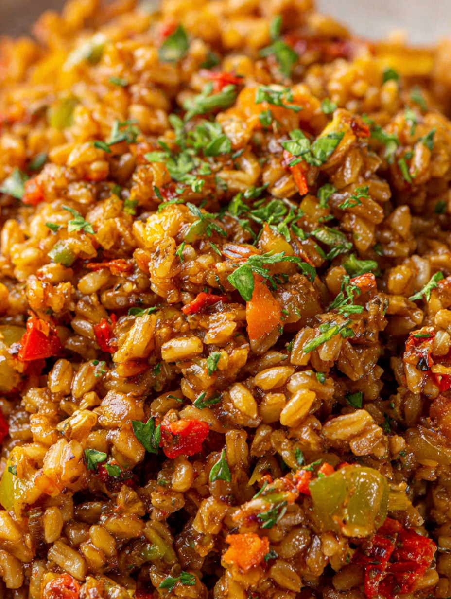 A close up of a spicy farro risotto.