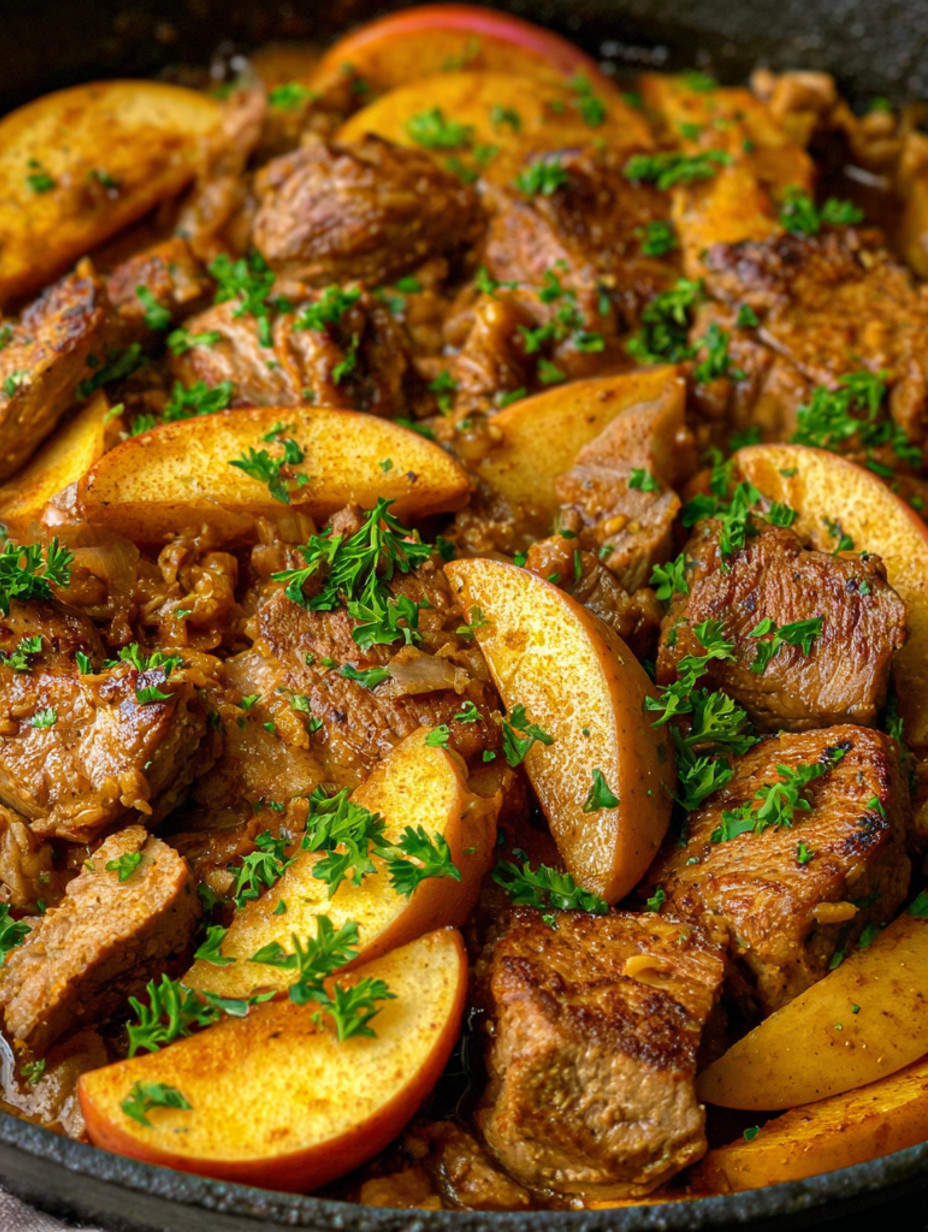 A delicious meal of pork with apples on the stove.
