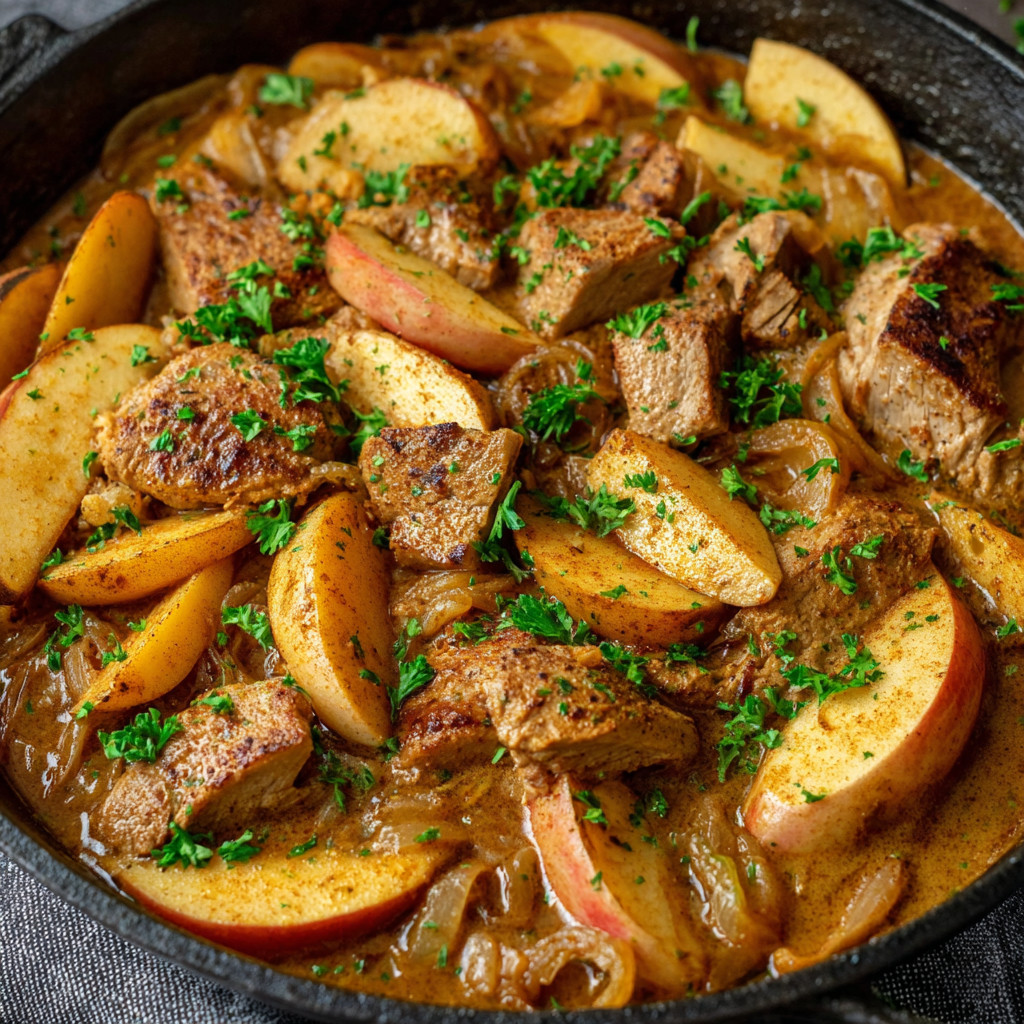 A dish of pork with apples on a stove top.