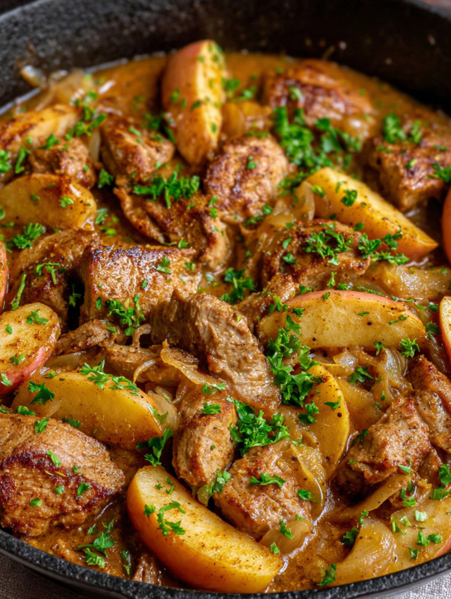 A delicious meal of pork with apples on the stove top.