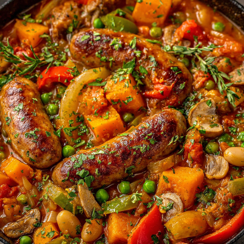A hearty sausage casserole with peas and mushrooms.