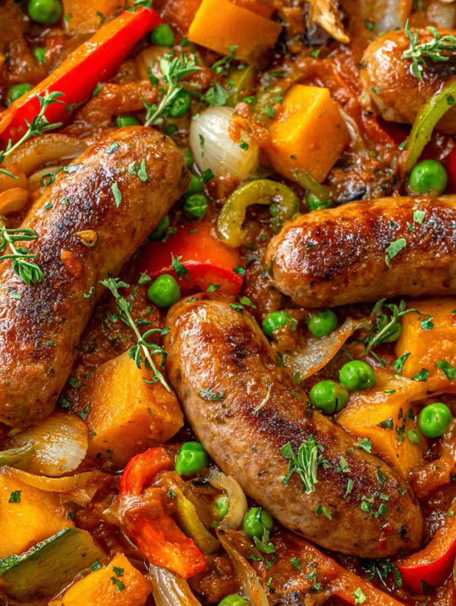 A hearty sausage casserole with peas and onions.