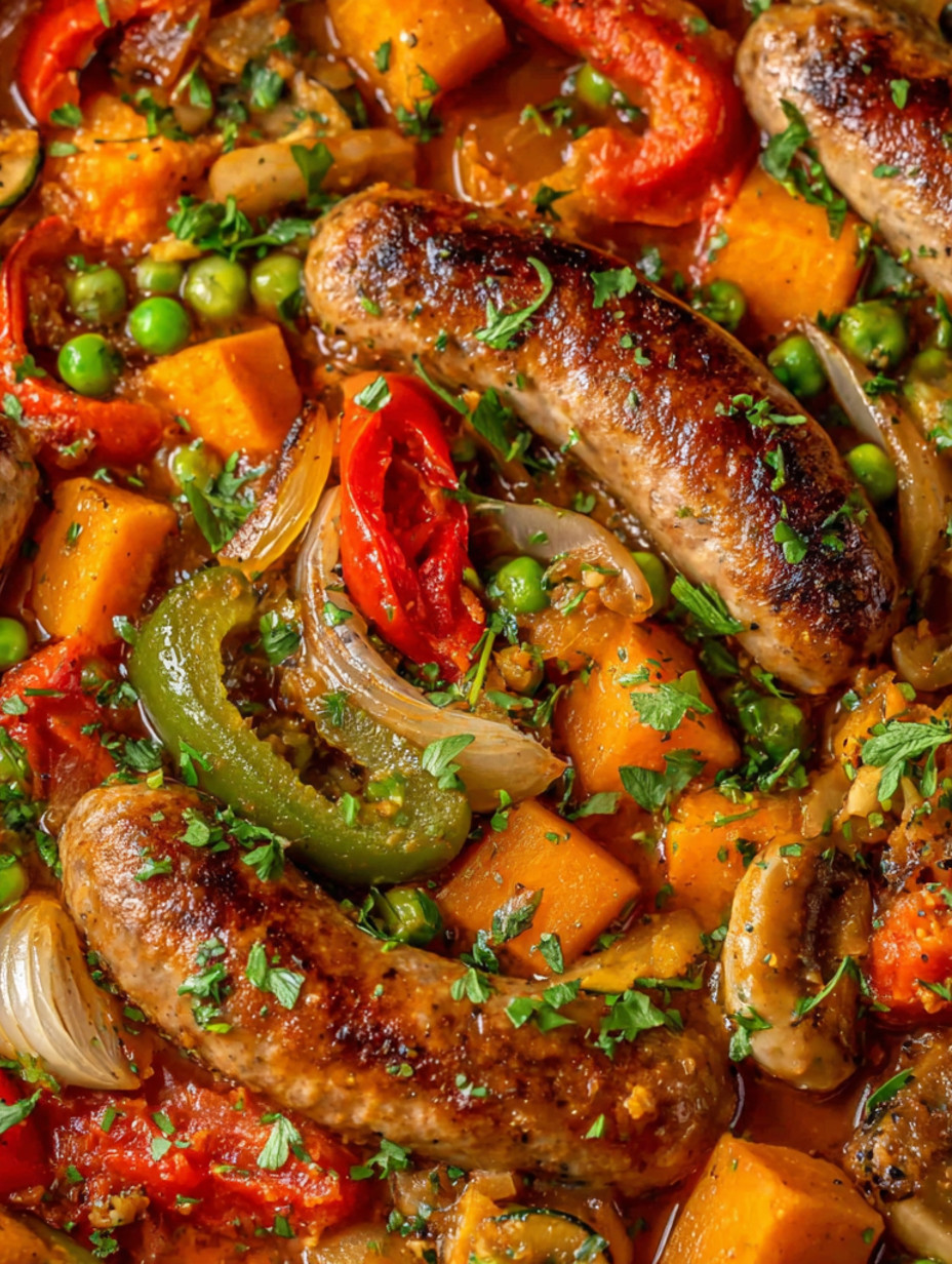 A hearty sausage casserole with peas and onions.