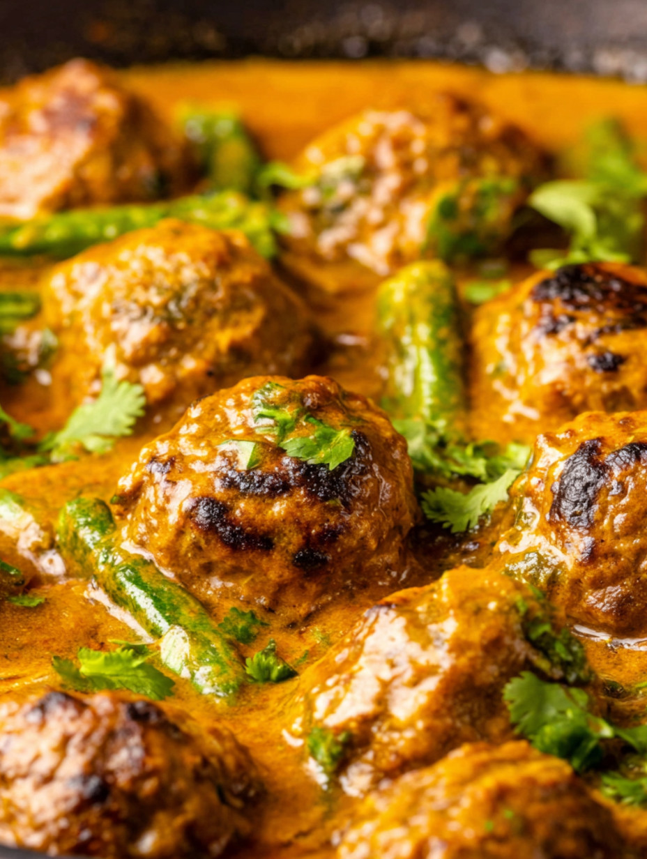 A plate of meatballs in a curry sauce.