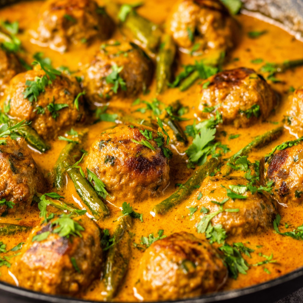 A pan of meatballs in a coconut beef curry.