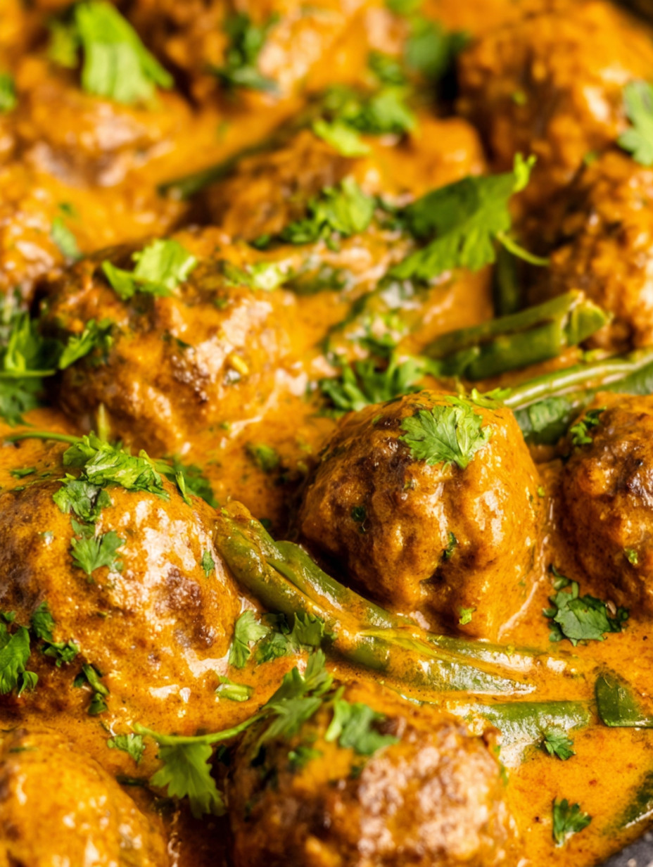 A dish of meatballs in a curry sauce.