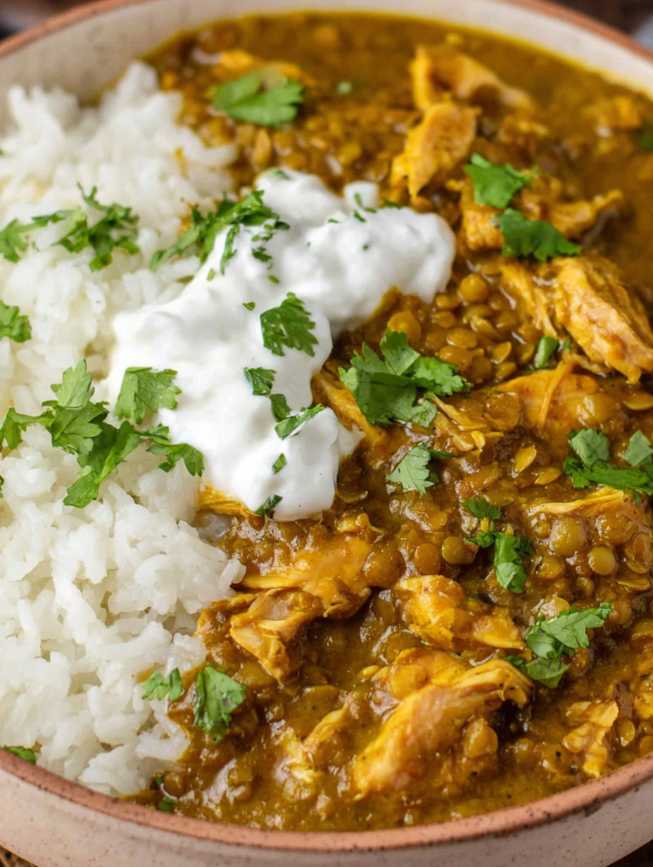 A dish of chicken and lentils with white sauce.
