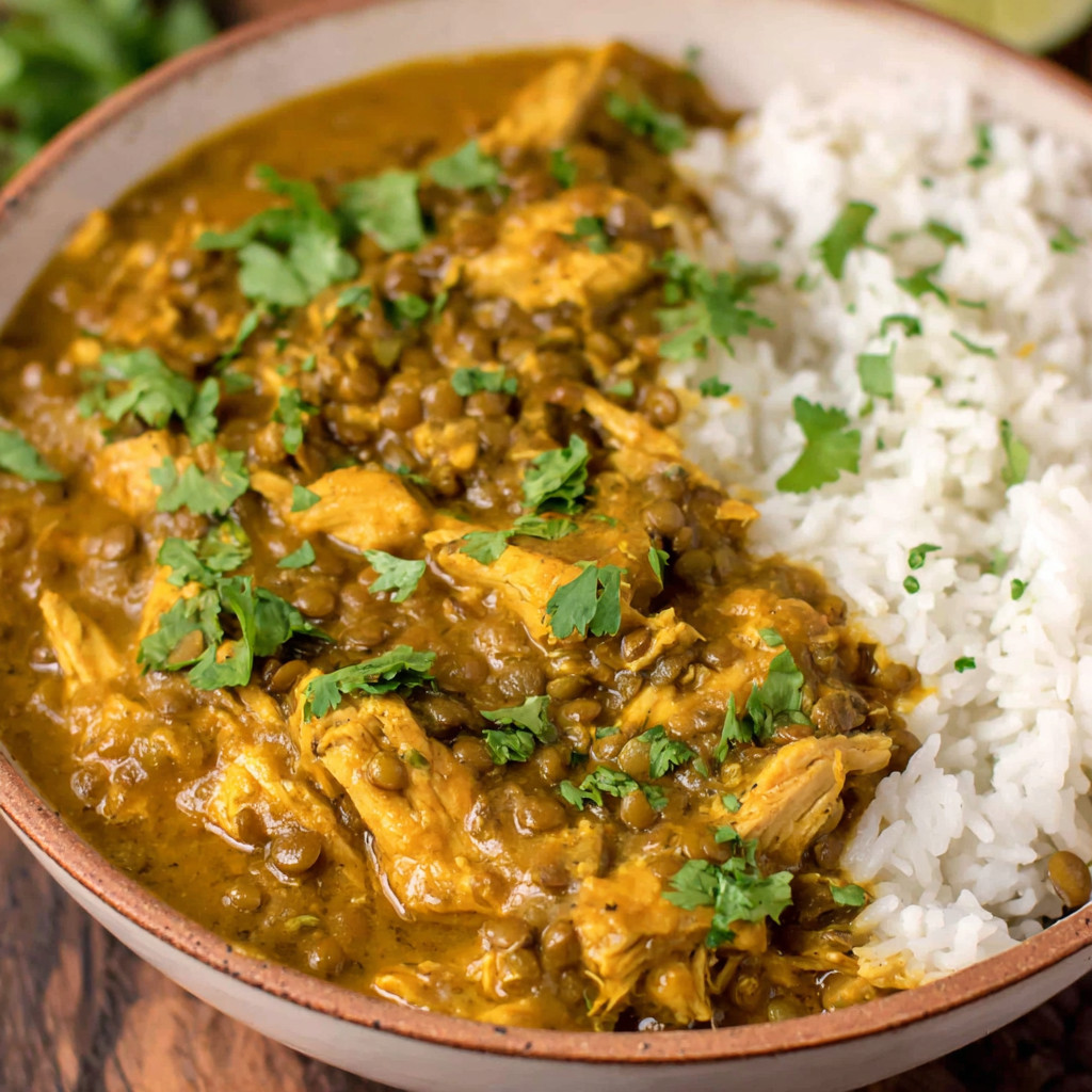 A bowl of coconut chicken and lentil curry.
