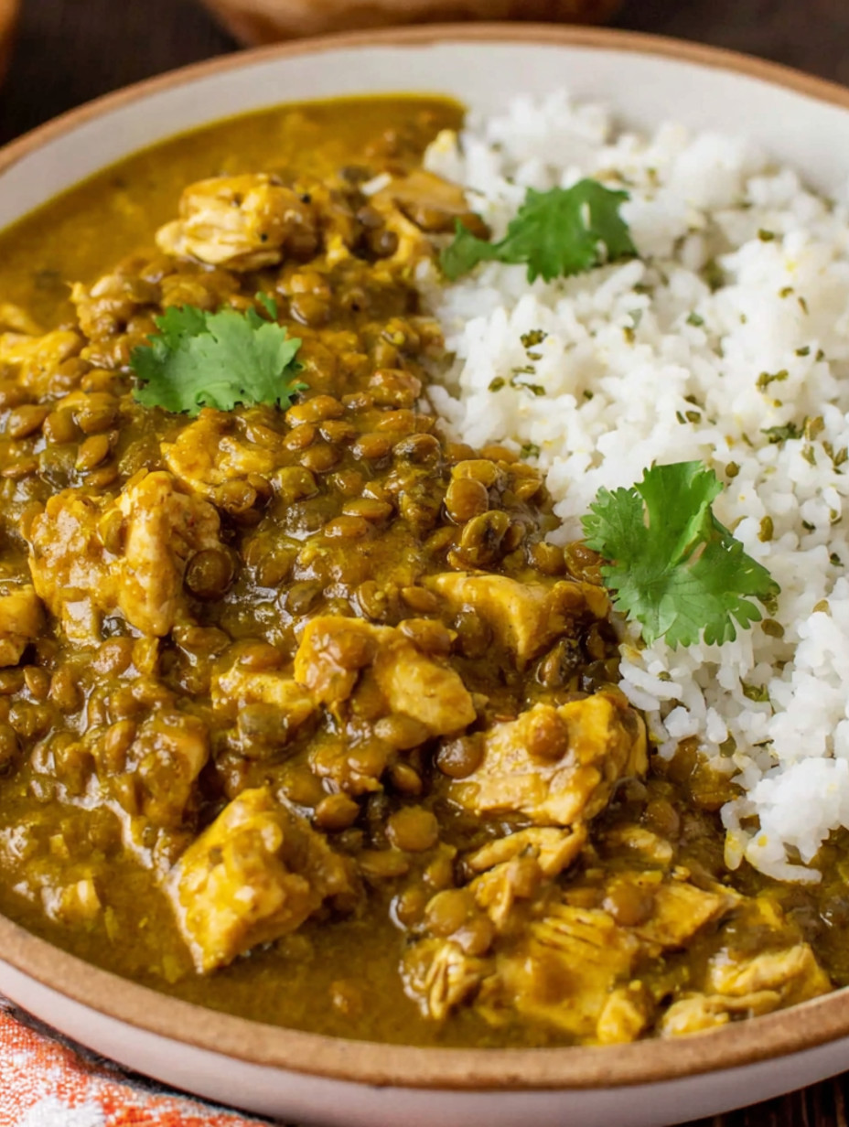 A bowl of coconut chicken and lentil curry.