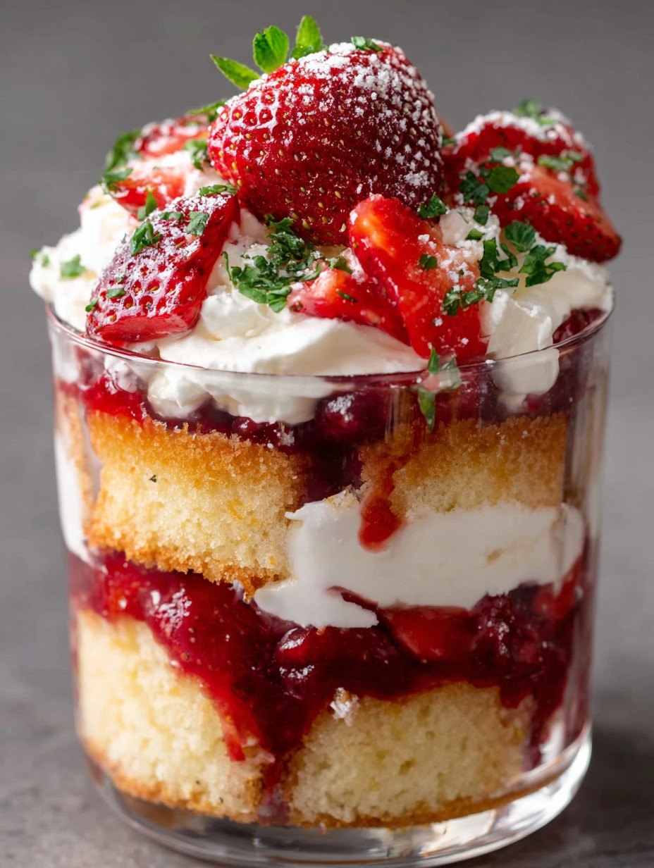 A glass filled with strawberry shortcake trifle.
