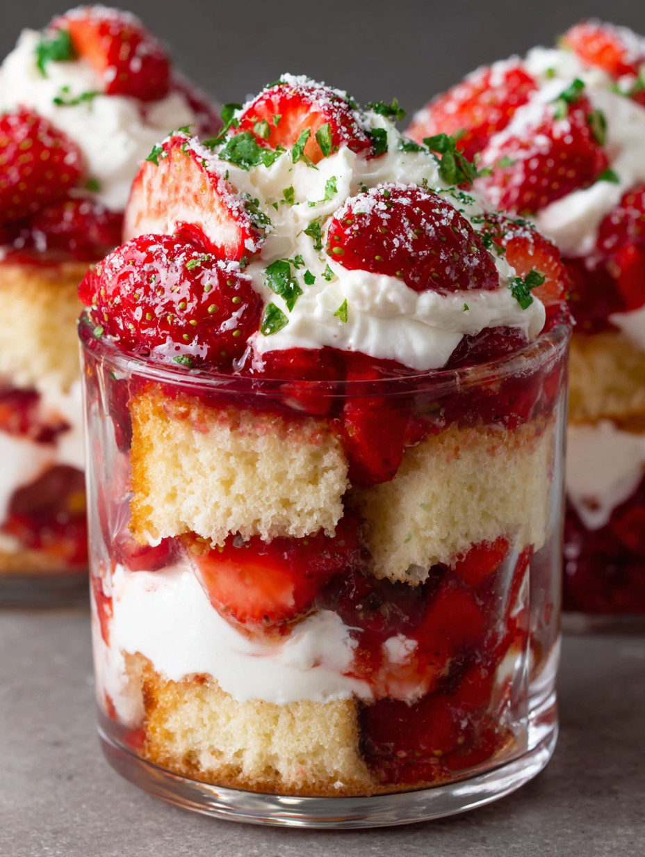 A glass of strawberry shortcake trifle.