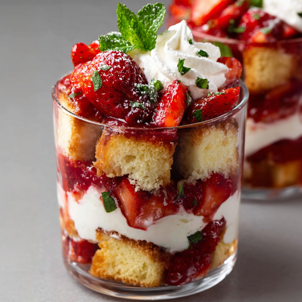 A glass of strawberry shortcake trifle.