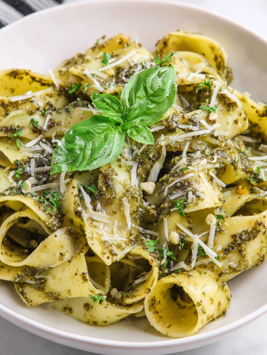 A plate of pasta with pesto sauce.