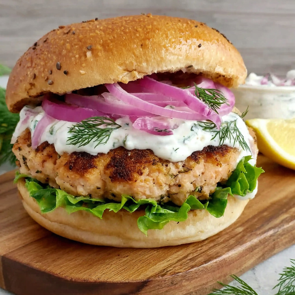 A salmon burger with lettuce and onions.